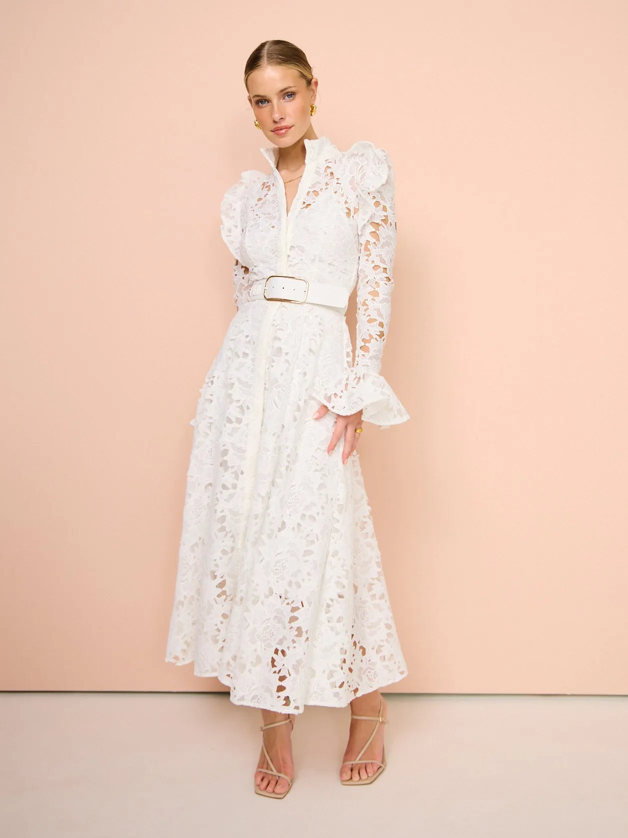 Leo Lin Aliyah Lace Butterfly Sleeve Midi Dress in Snow