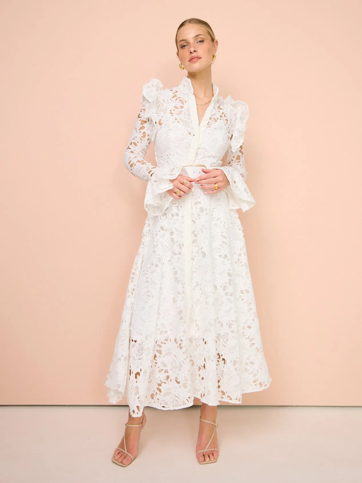 Leo Lin Aliyah Lace Butterfly Sleeve Midi Dress in Snow