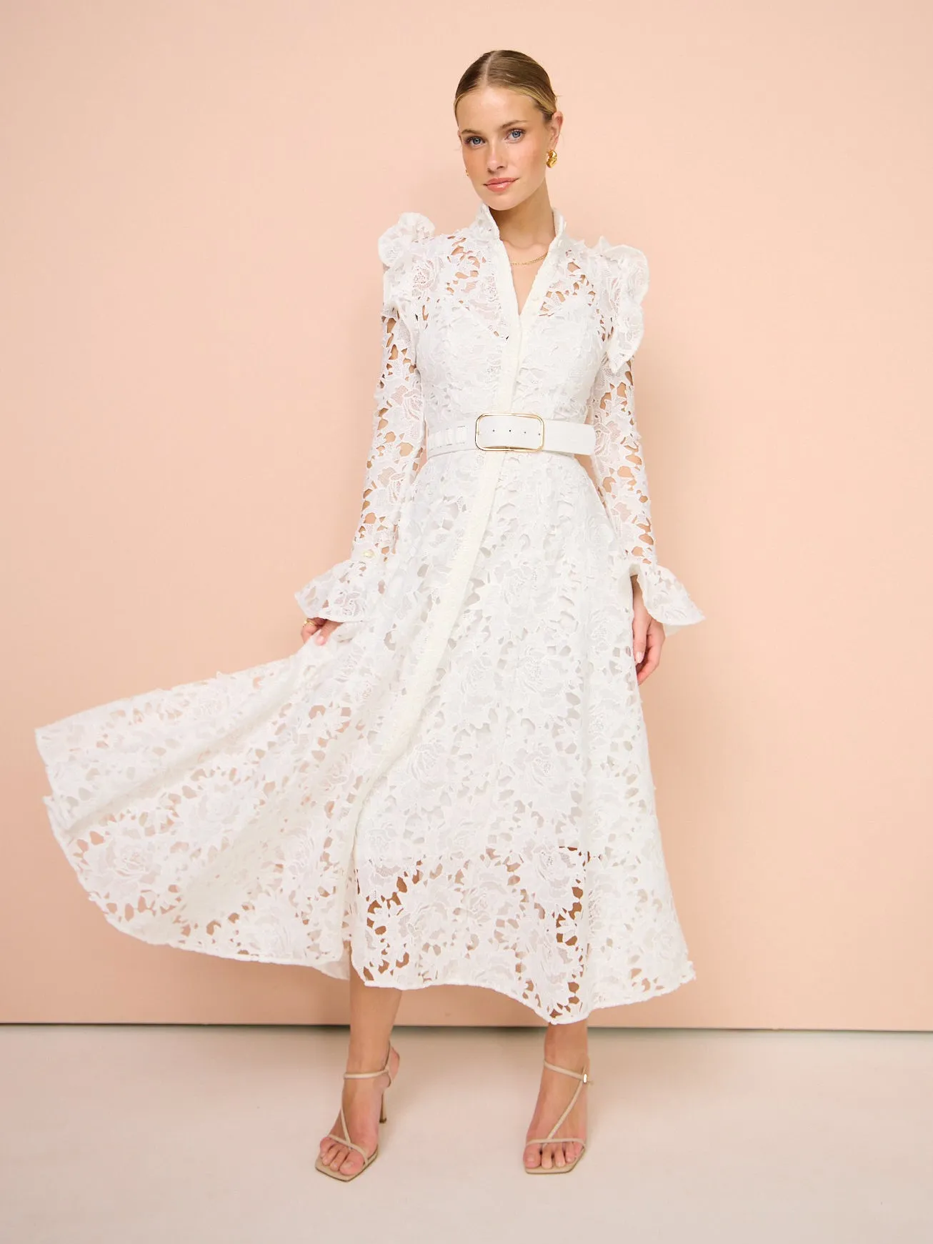 Leo Lin Aliyah Lace Butterfly Sleeve Midi Dress in Snow