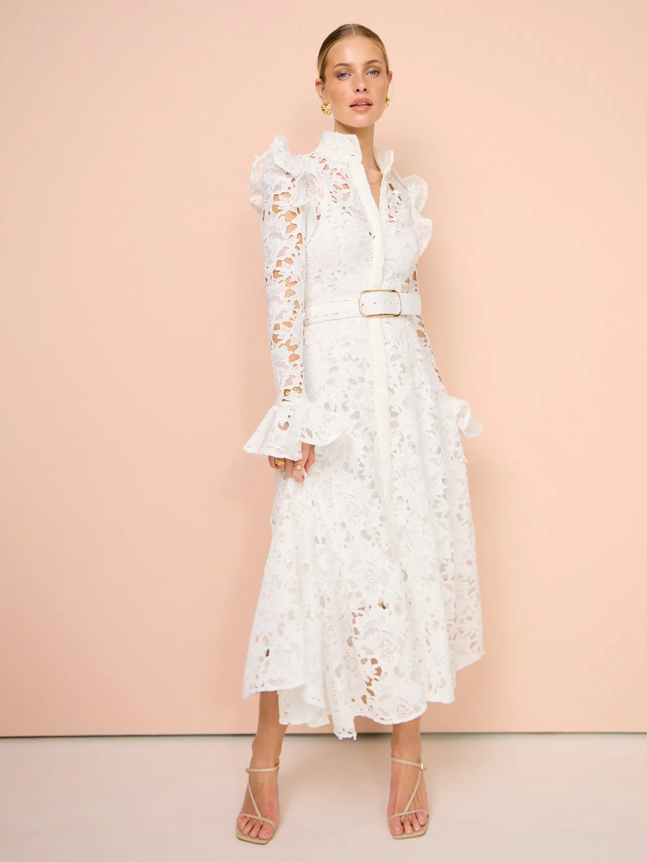 Leo Lin Aliyah Lace Butterfly Sleeve Midi Dress in Snow