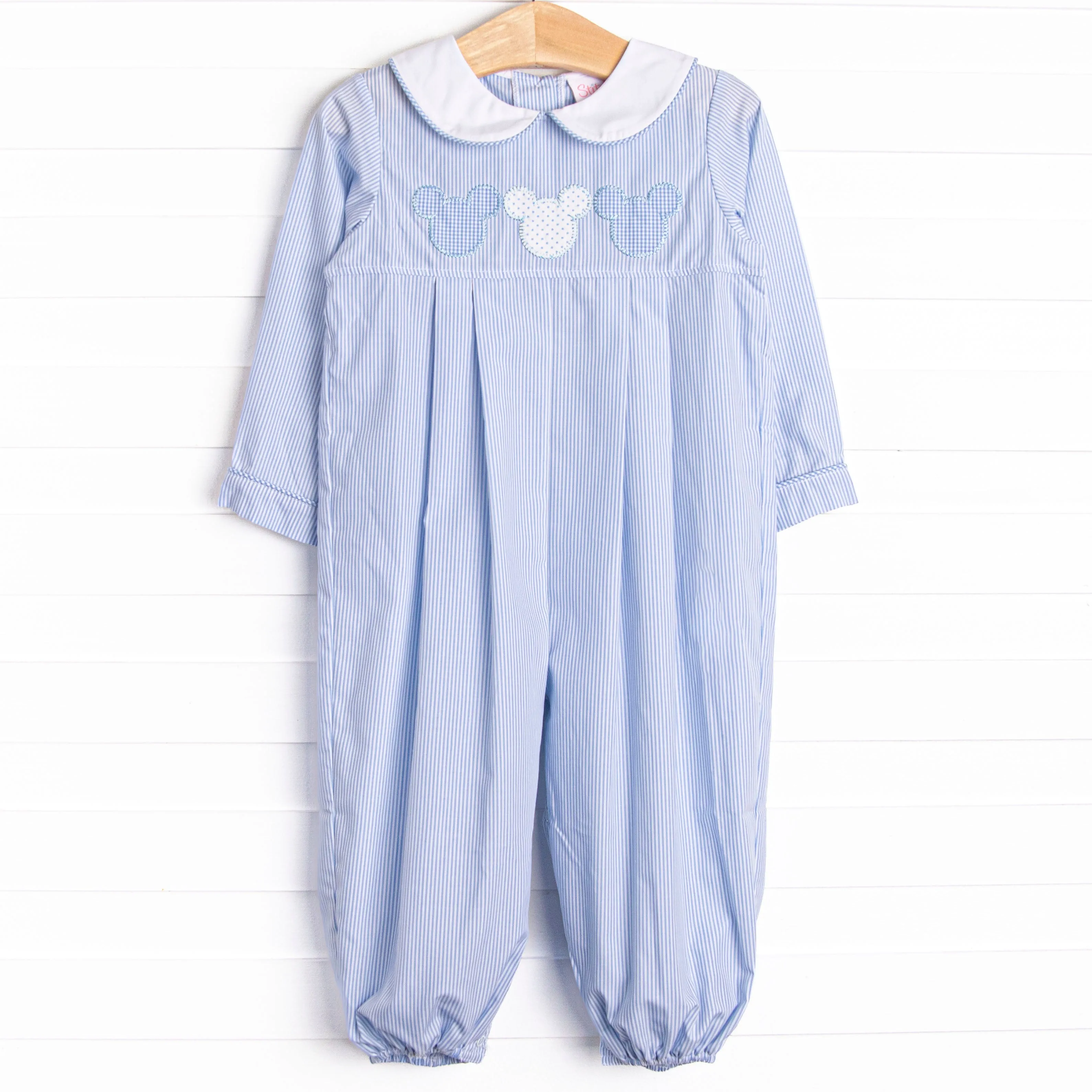 Little Mouse Trio Applique Romper, Blue Stripe