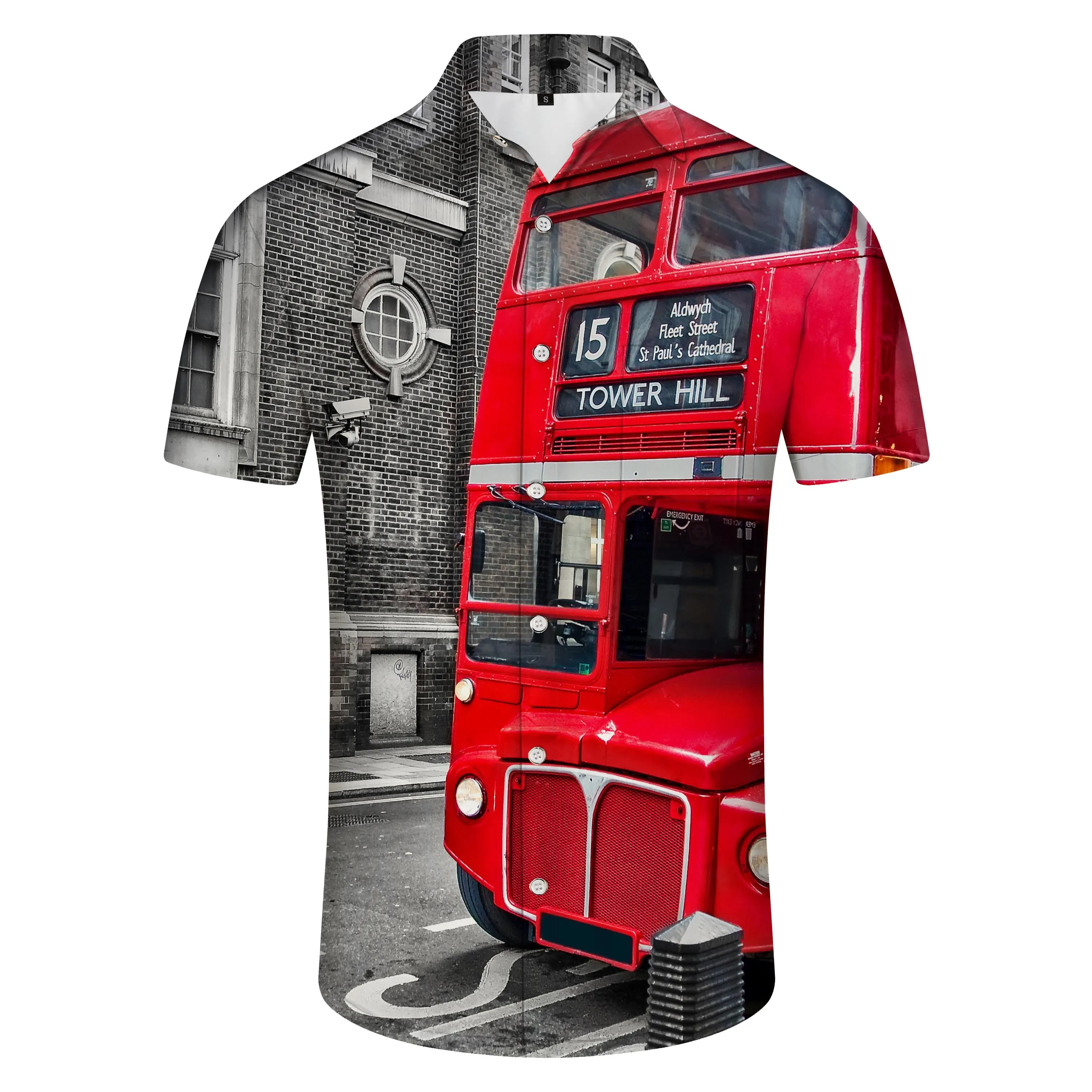 London Street Bus Red Men's Casual Short Sleeve Shirt Hawaiian Button Comfortable Lightweight Breathable Clothing