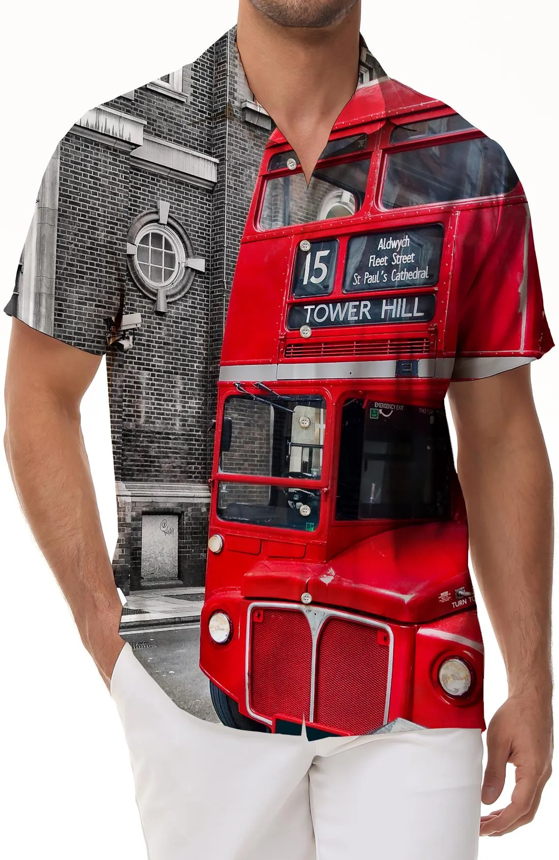 London Street Bus Red Men's Casual Short Sleeve Shirt Hawaiian Button Comfortable Lightweight Breathable Clothing