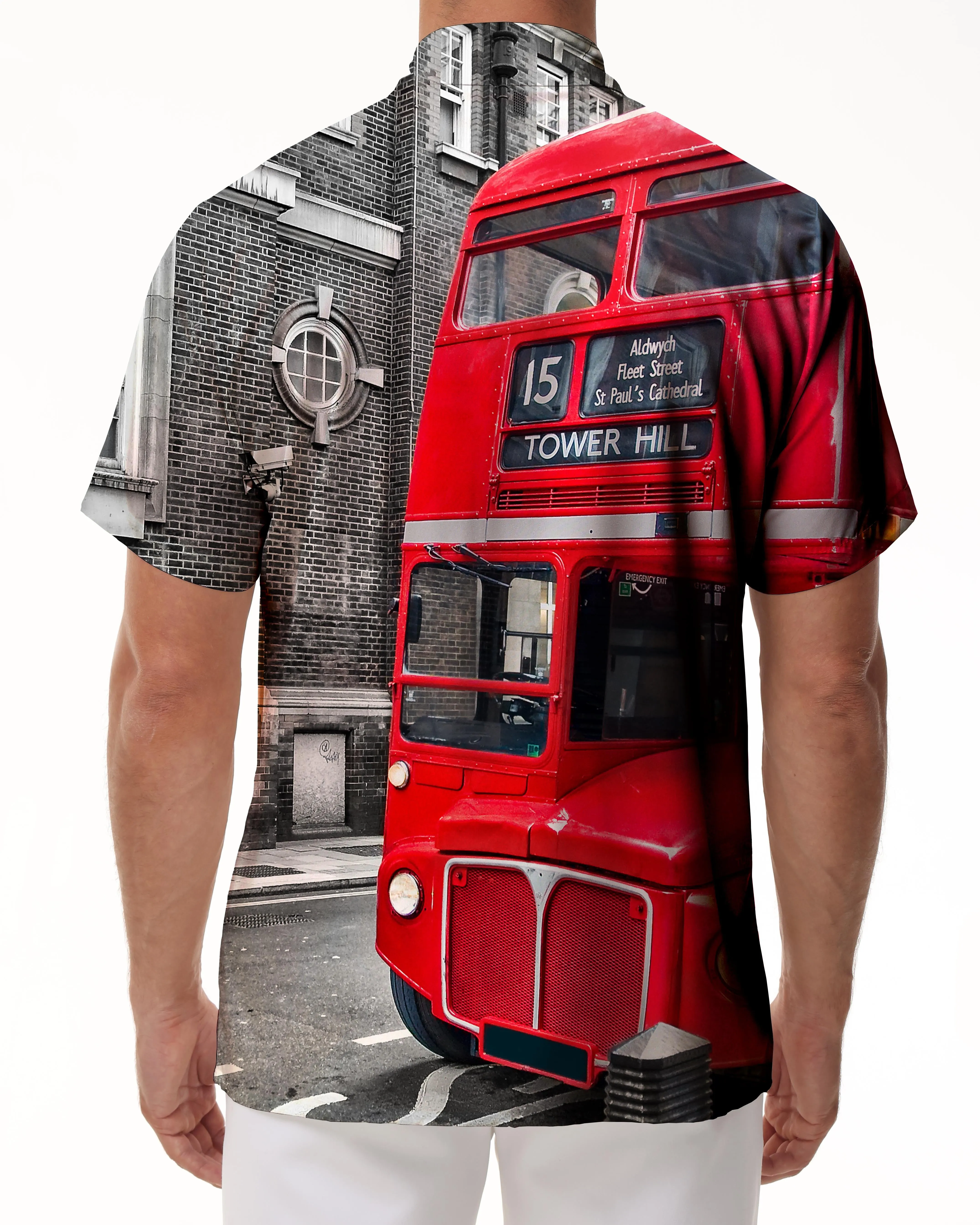 London Street Bus Red Men's Casual Short Sleeve Shirt Hawaiian Button Comfortable Lightweight Breathable Clothing