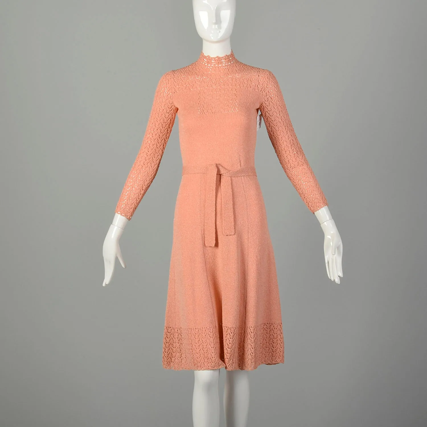 Medium 1970s Peach Knit Dress Spring Sweater Long Sleeve