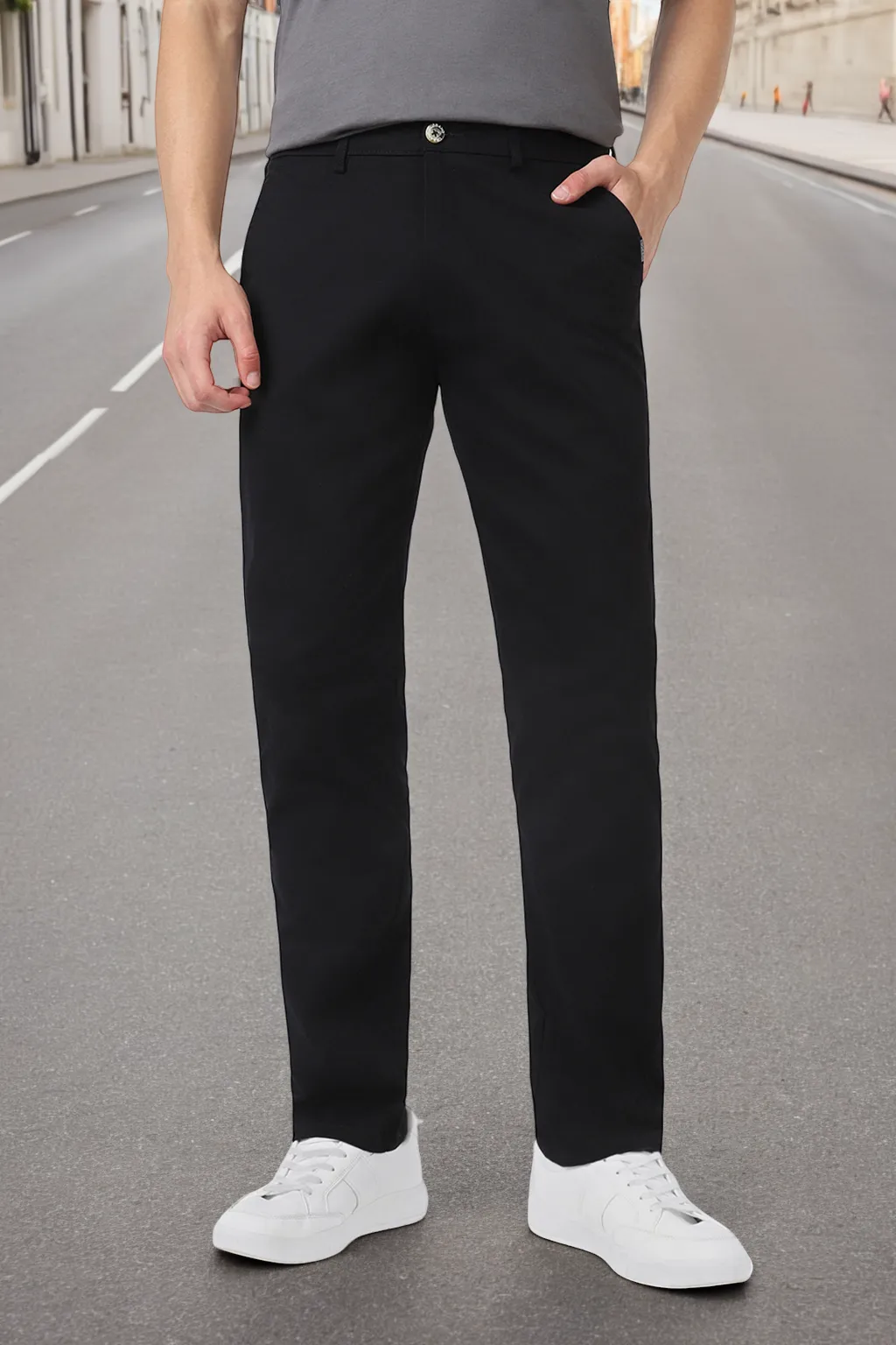 Men's Black Cotton Slim Fit Casual Chinos Trousers Stretch