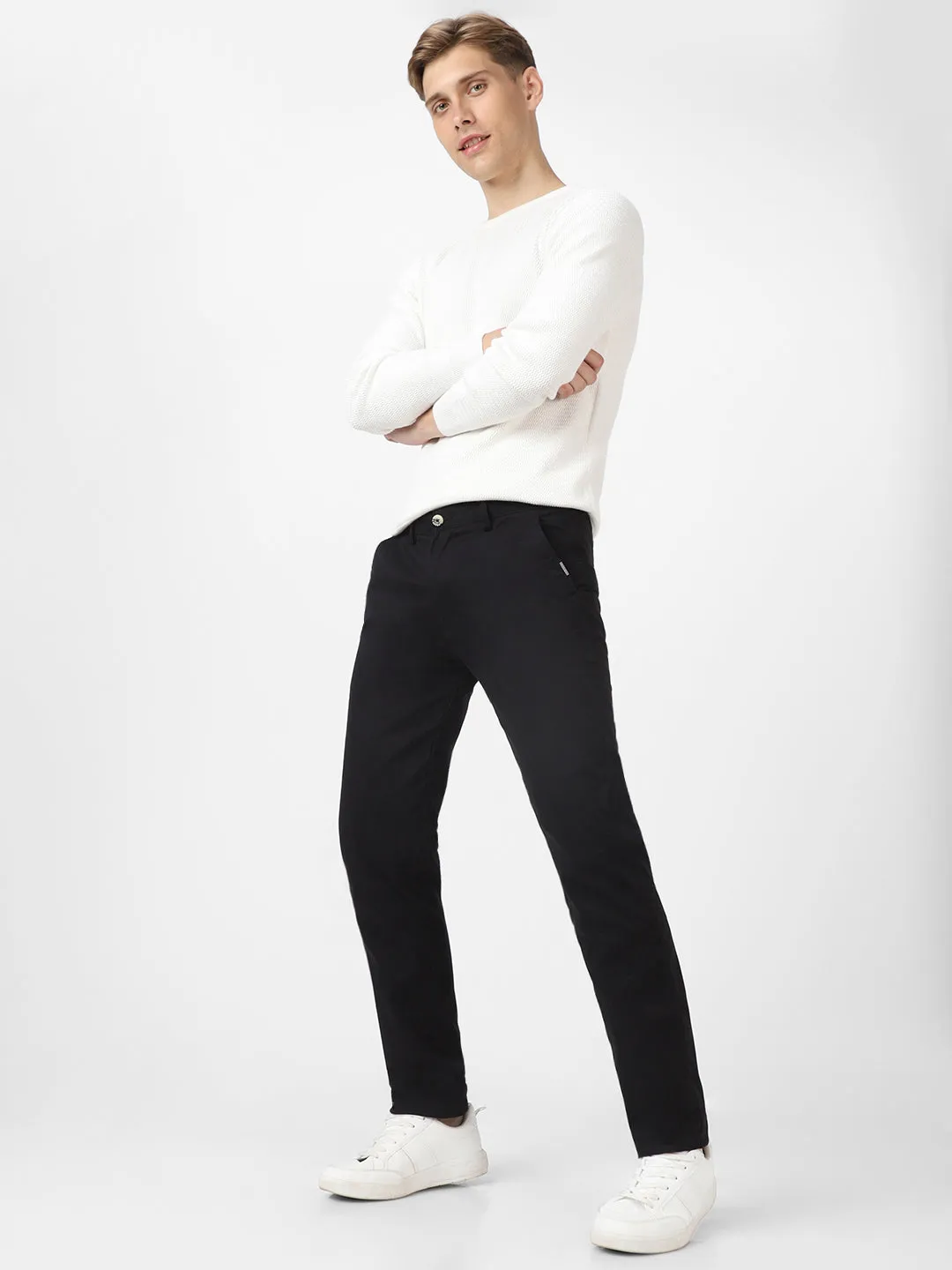 Men's Black Cotton Slim Fit Casual Chinos Trousers