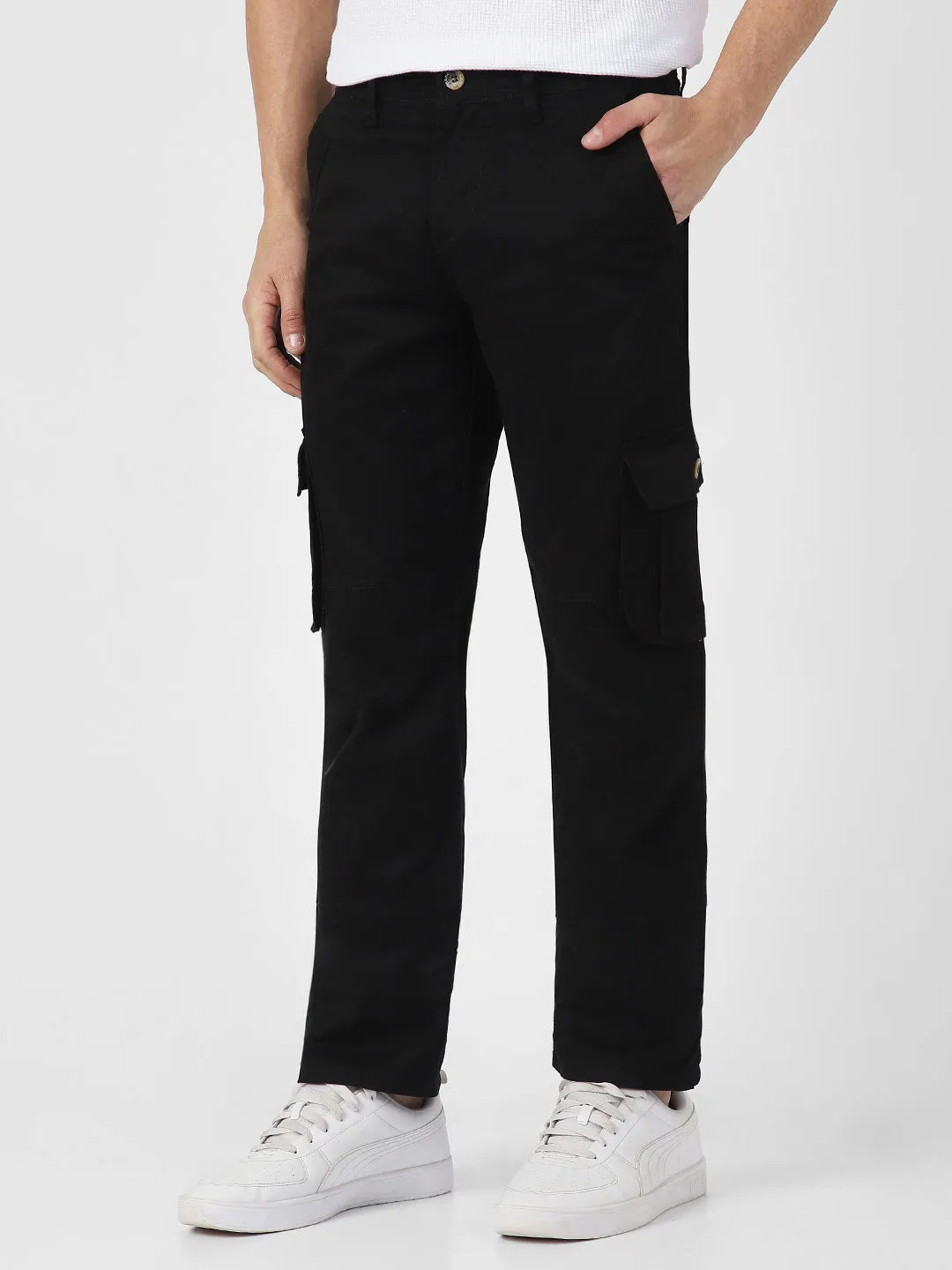 Men's Black Regular Fit Solid Cargo Chino Pant with 6 Pockets