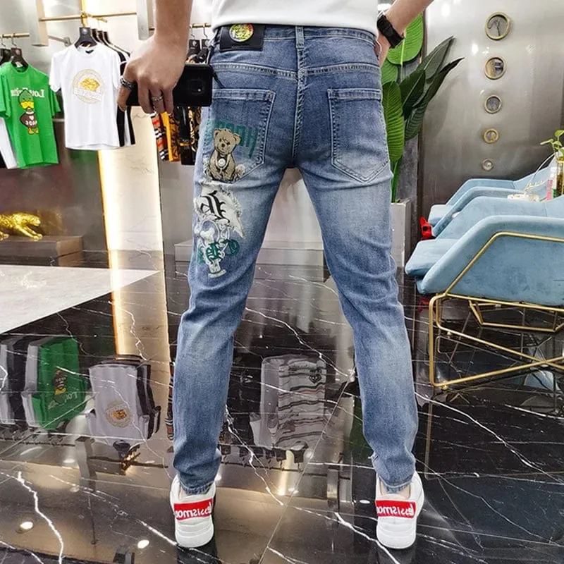 Men's Ripped Bear Print Slim Fit Denim Streetwear Jeans