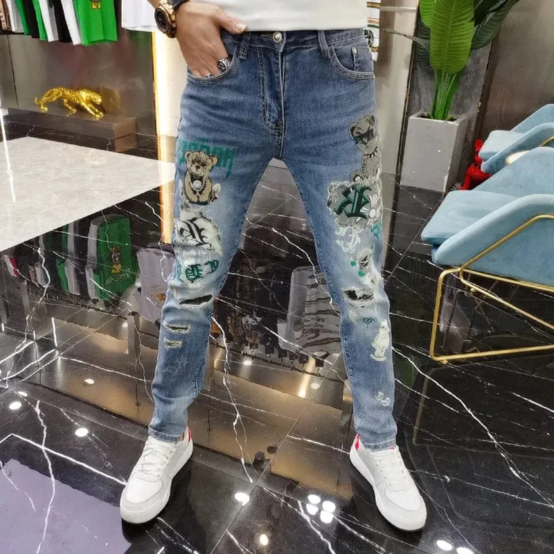 Men's Ripped Bear Print Slim Fit Denim Streetwear Jeans