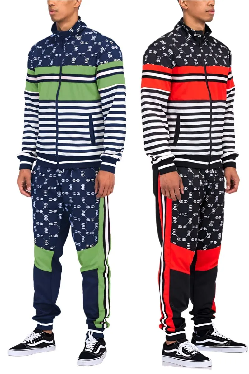 Mens Striped Color Block Track Suit Activewear Jacket Pants