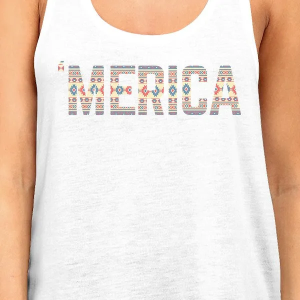 'Merica Womens White Graphic Tank Top Cute Tribal Pattern Design