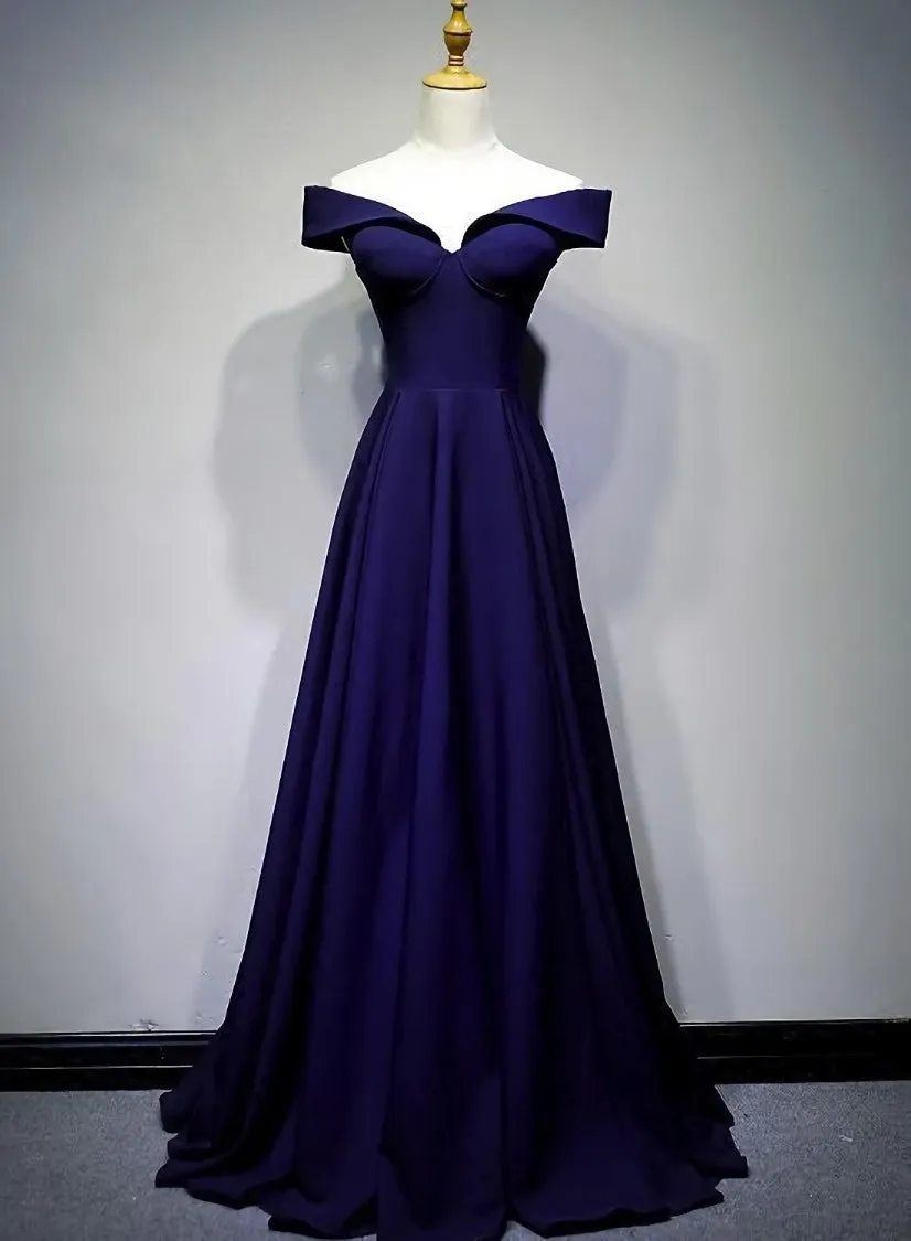 Navy Blue A-line Spandex Long Prom Dress, Off Shoulder Bridesmaid Dress