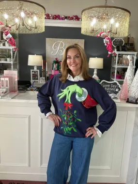 Navy Grinch Mistle Toe Hand Sweatshirt