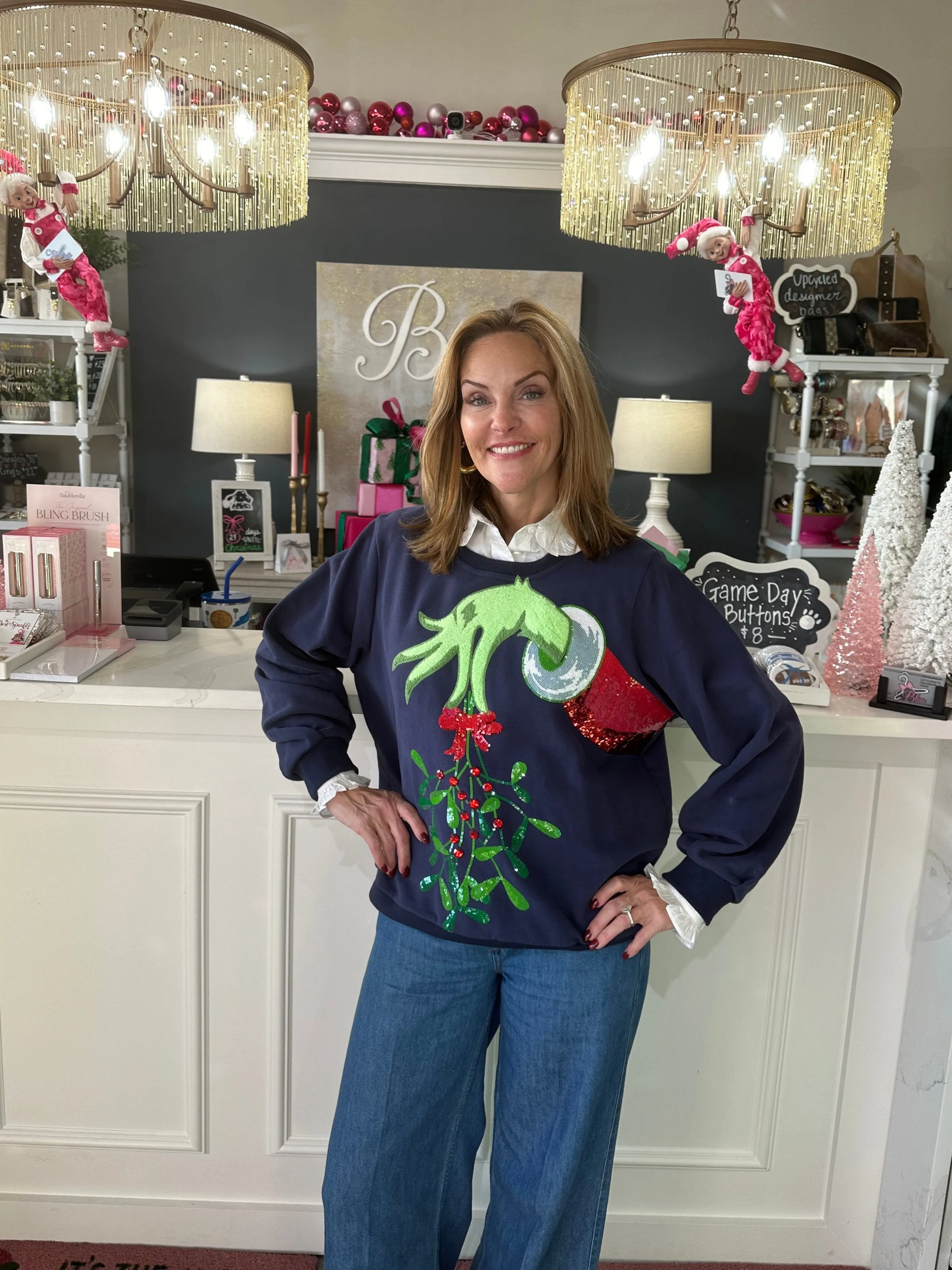 Navy Grinch Mistle Toe Hand Sweatshirt