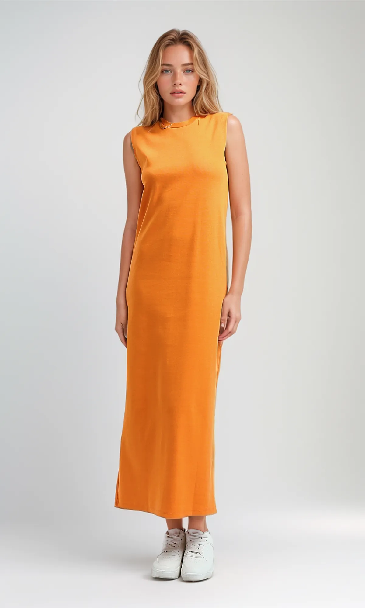 O197715 Hot Orange Slip On Sleeveless Summer Maxi Dress