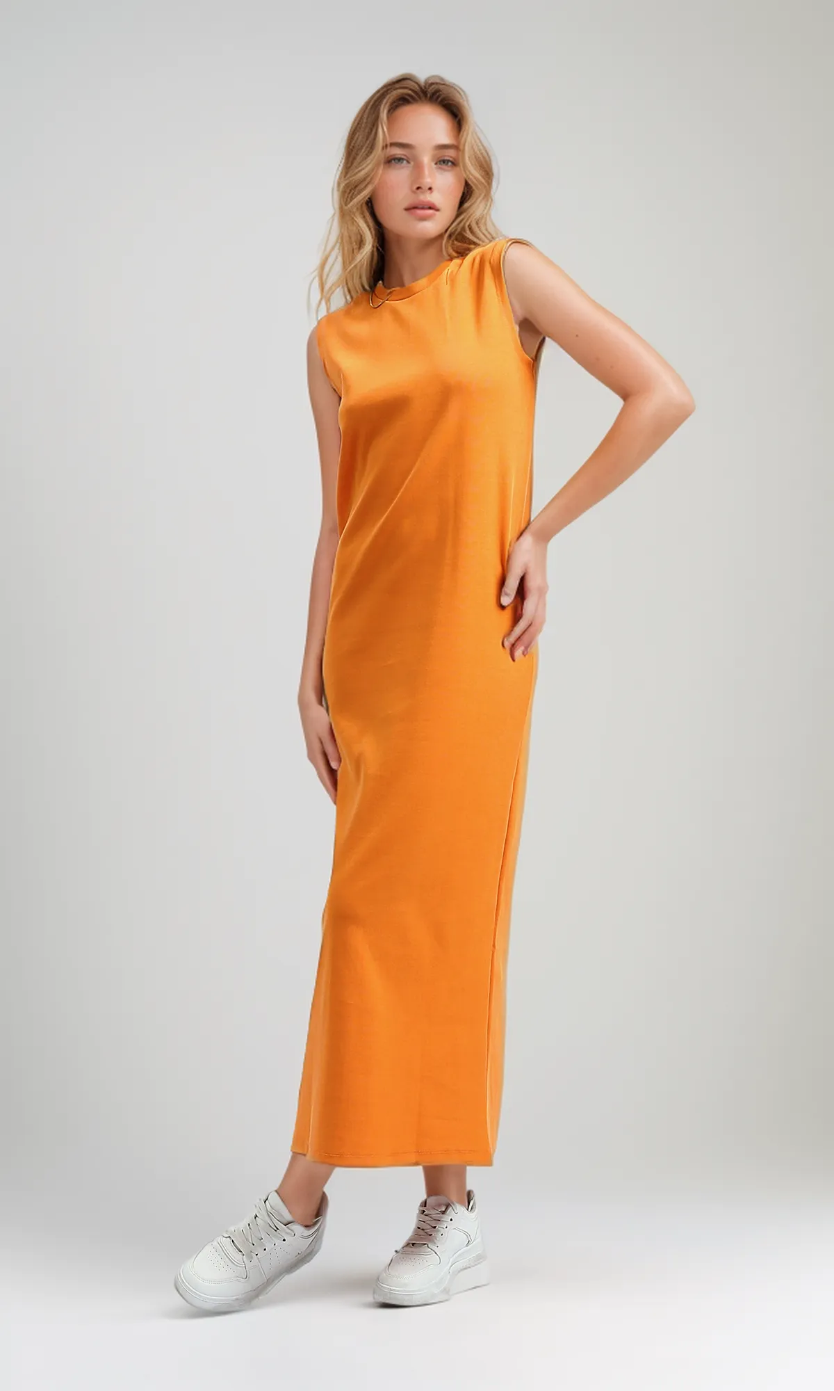 O197715 Hot Orange Slip On Sleeveless Summer Maxi Dress