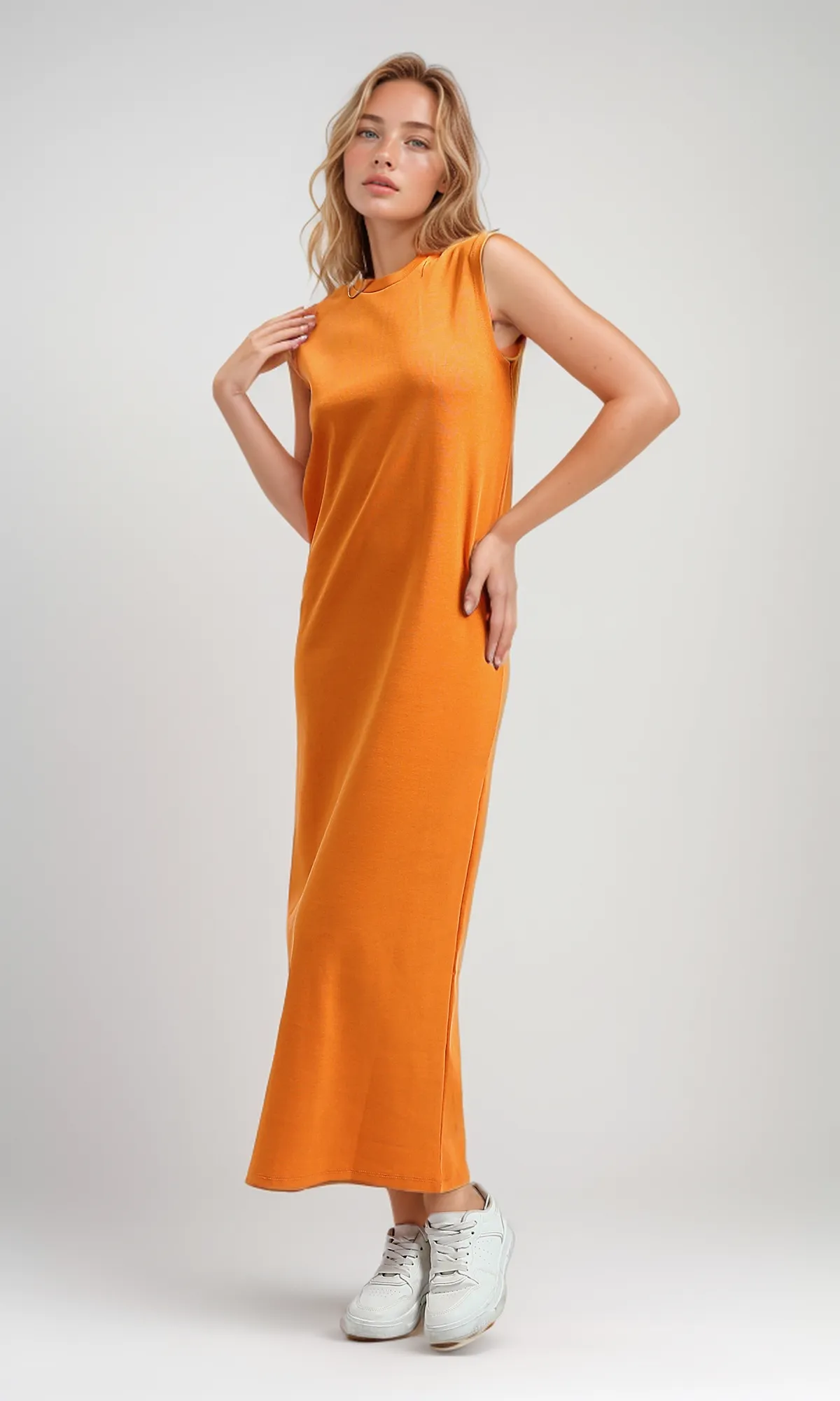 O197715 Hot Orange Slip On Sleeveless Summer Maxi Dress