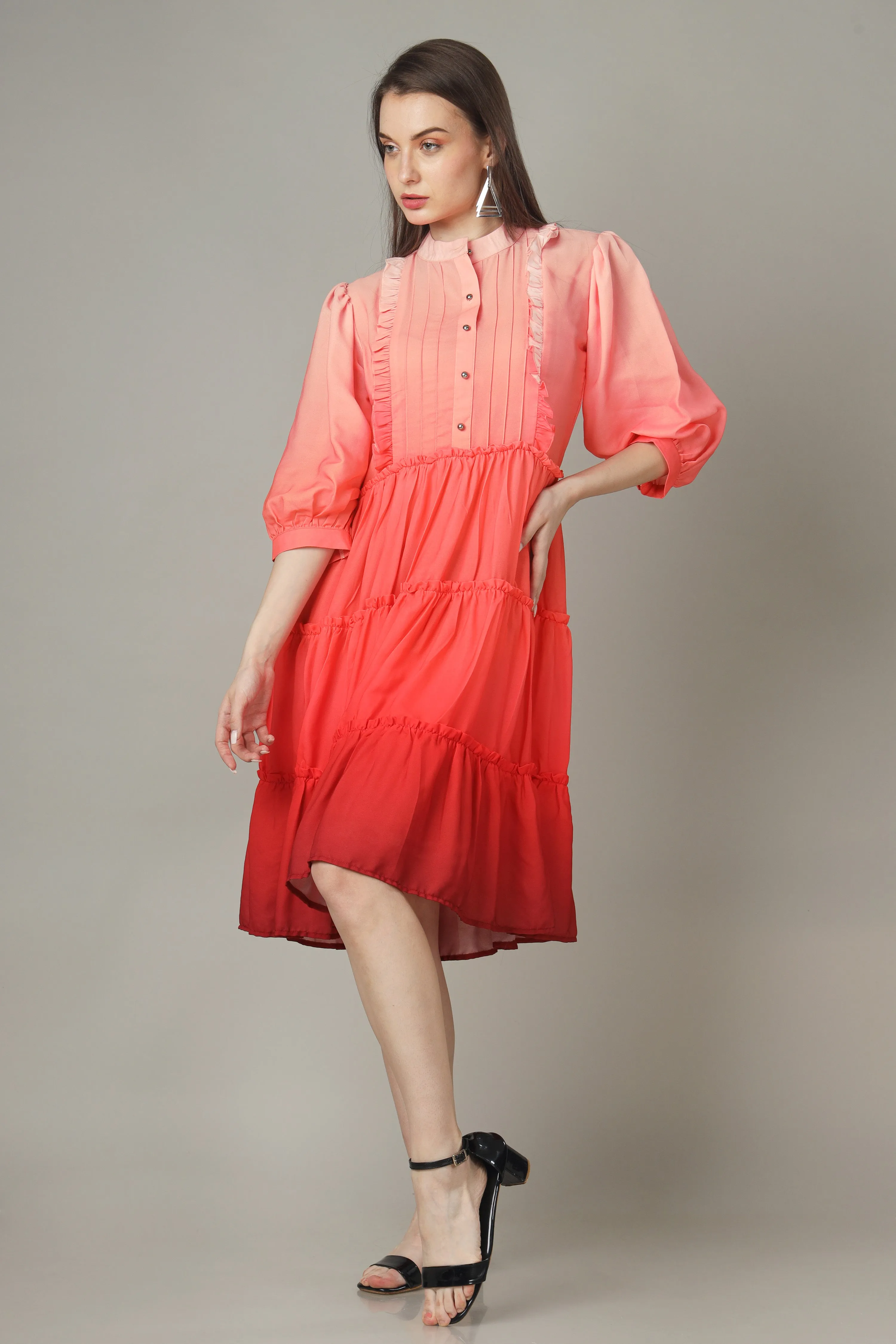 Ombre A-Line Button Down Tiered Shirt Dress