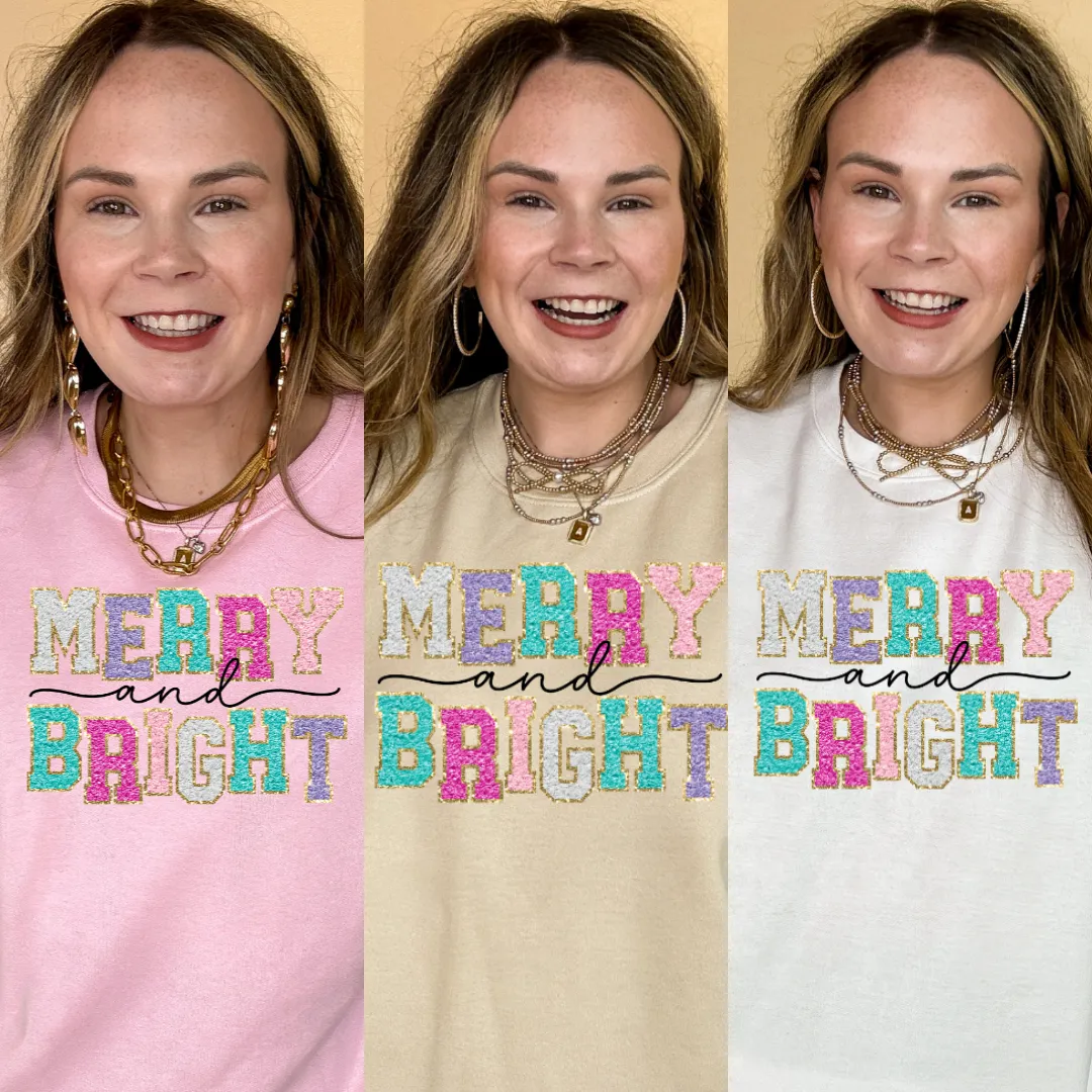 Online Exclusive | Merry and Bright Faux Chenille Letters Graphic Sweatshirt in Multiple Color Options