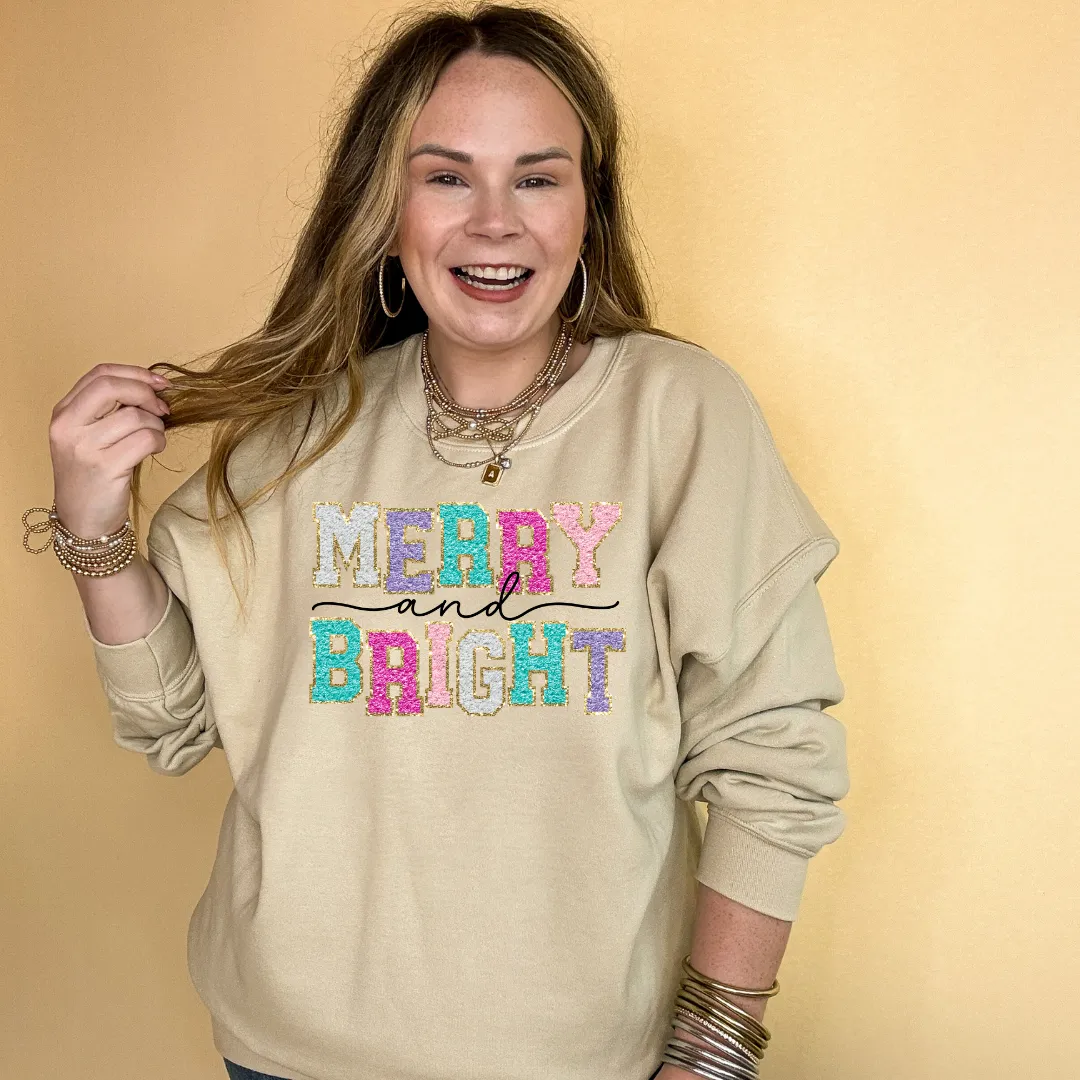 Online Exclusive | Merry and Bright Faux Chenille Letters Graphic Sweatshirt in Multiple Color Options