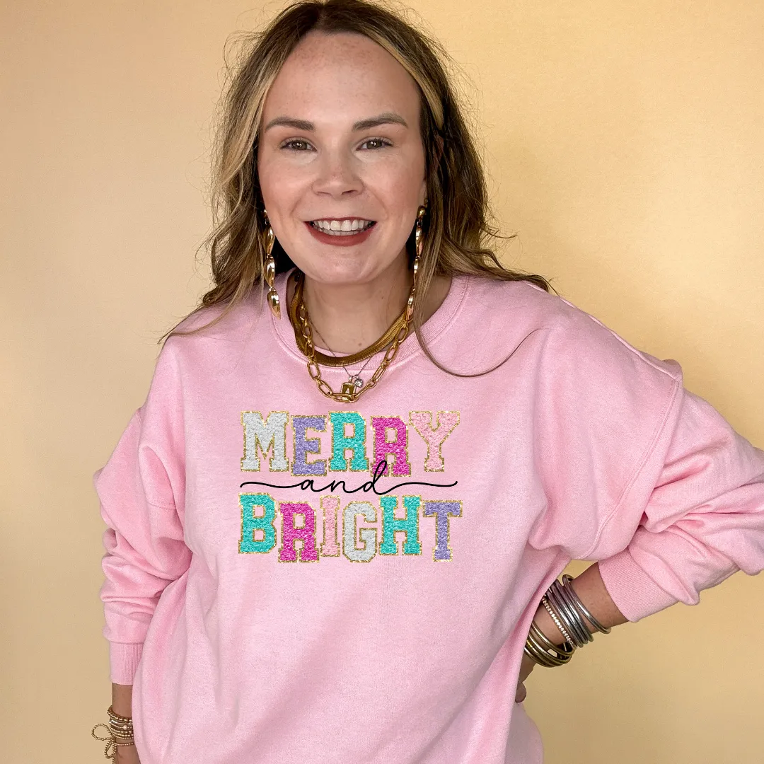 Online Exclusive | Merry and Bright Faux Chenille Letters Graphic Sweatshirt in Multiple Color Options