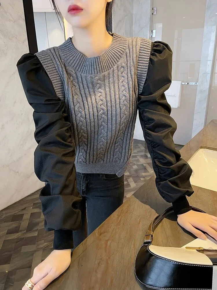 Patchwork Hit Color Knitting Sweaters For Women Round Neck Puff Sleeve Pullover Temperament Sweater Female Fashion