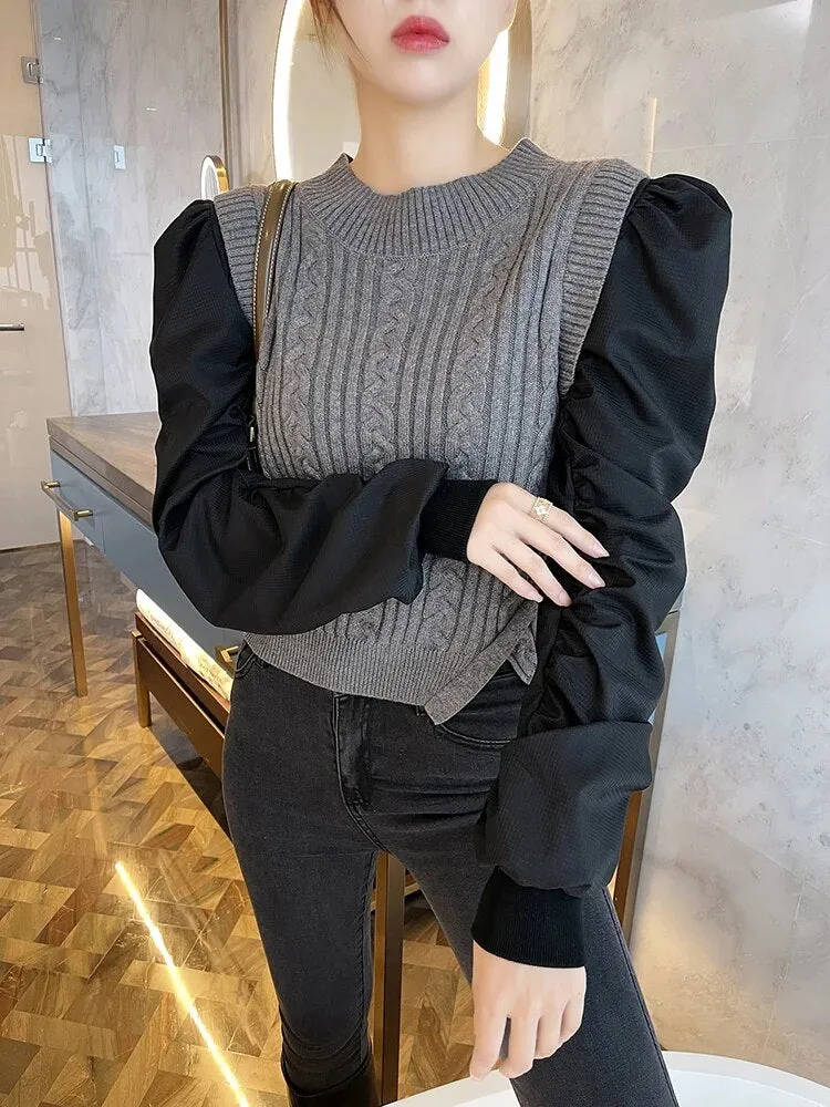 Patchwork Hit Color Knitting Sweaters For Women Round Neck Puff Sleeve Pullover Temperament Sweater Female Fashion