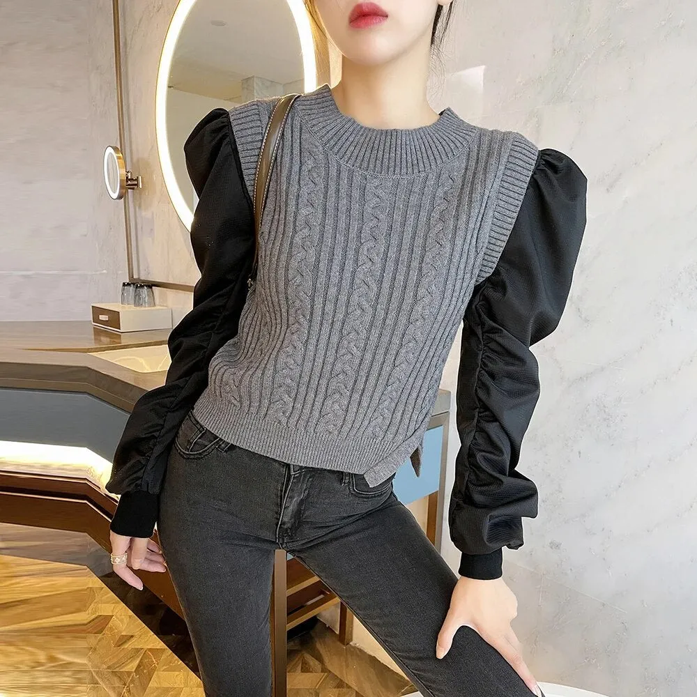 Patchwork Hit Color Knitting Sweaters For Women Round Neck Puff Sleeve Pullover Temperament Sweater Female Fashion