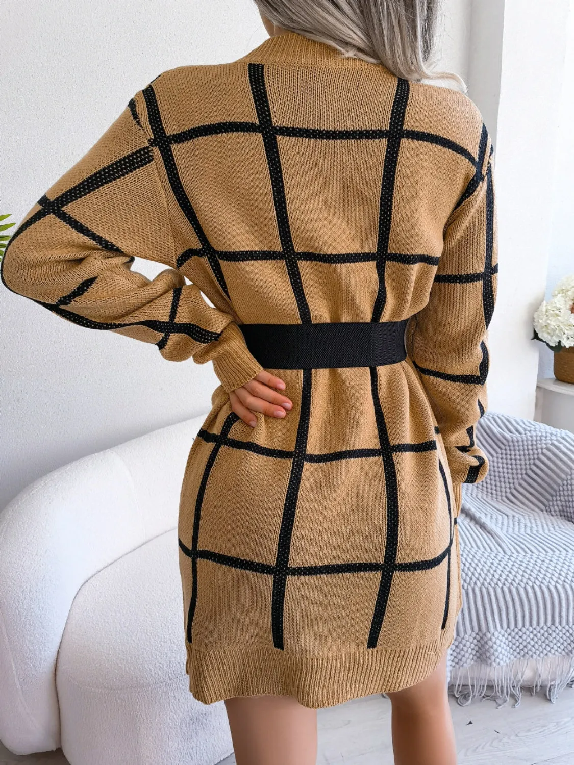 Plaid Round Neck Dropped Shoulder Sweater Dress