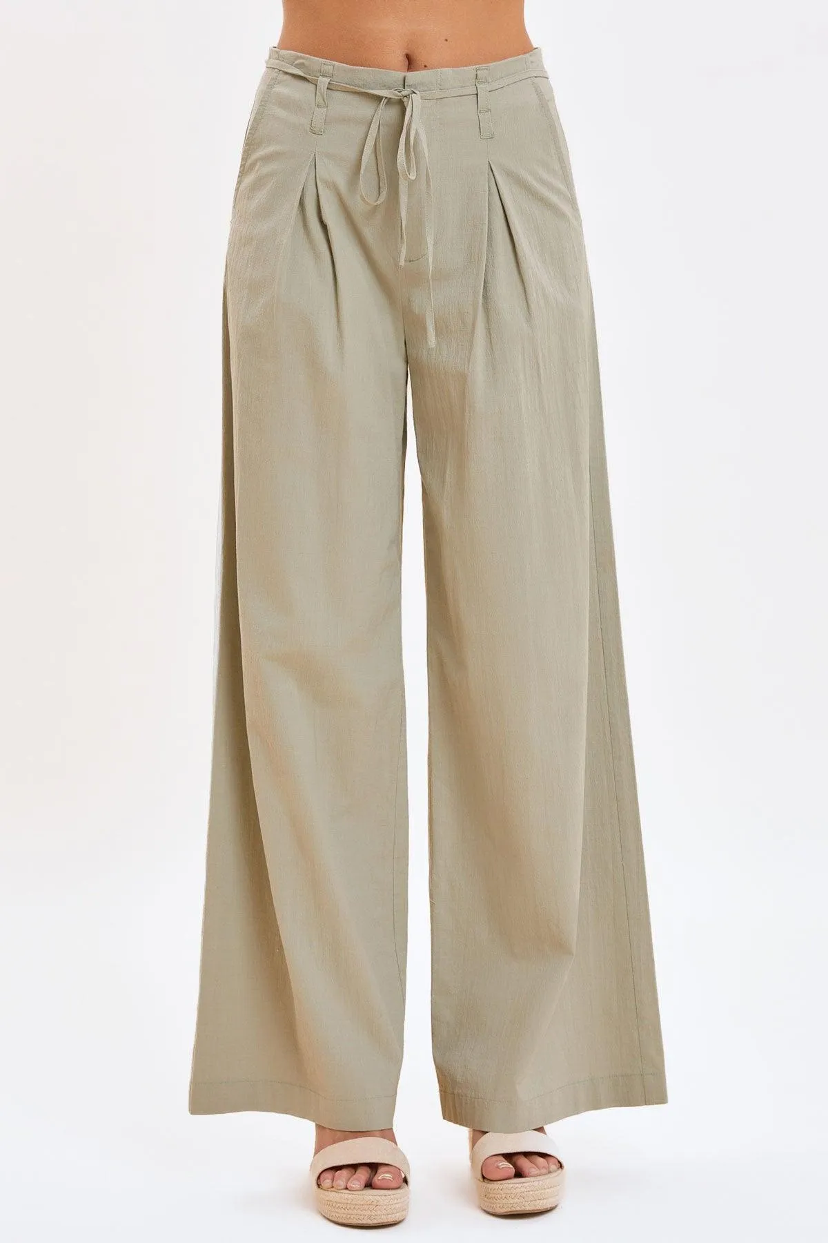 Pleated Front Tie High Waist Wide-Leg Pants