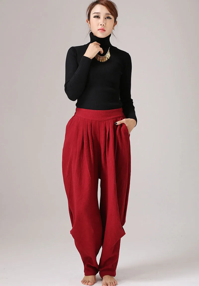 Pleated maxi red pants linen trousers Casual pants (774)