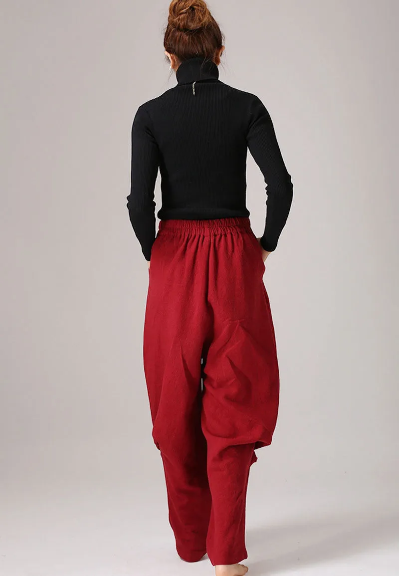 Pleated maxi red pants linen trousers Casual pants (774)