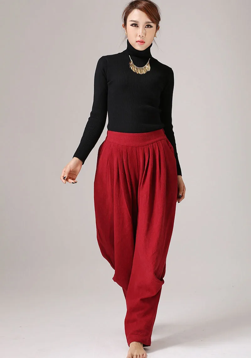 Pleated maxi red pants linen trousers Casual pants (774)