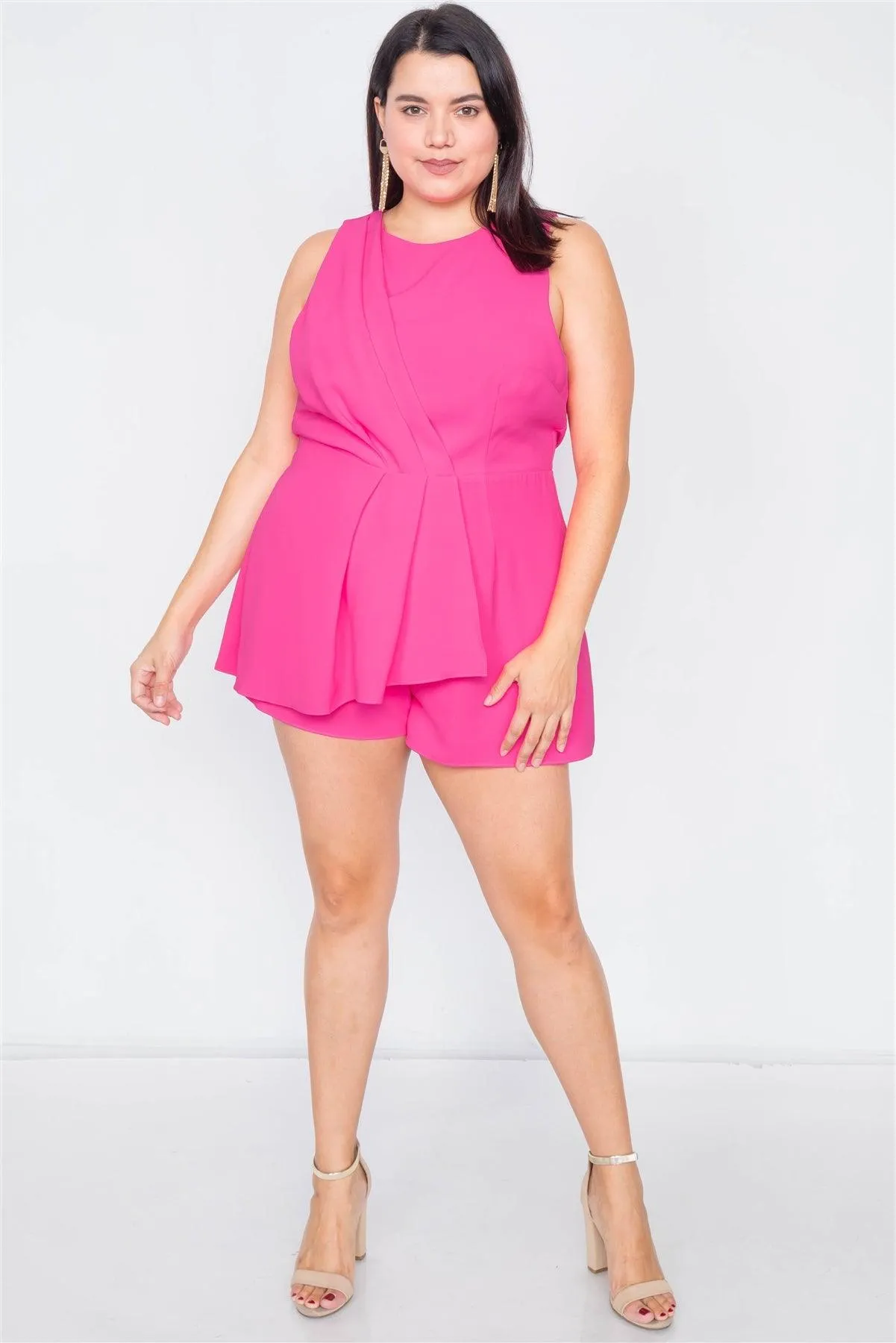 Plus Size Hot Pink Pleated Sleeveless Short Romper