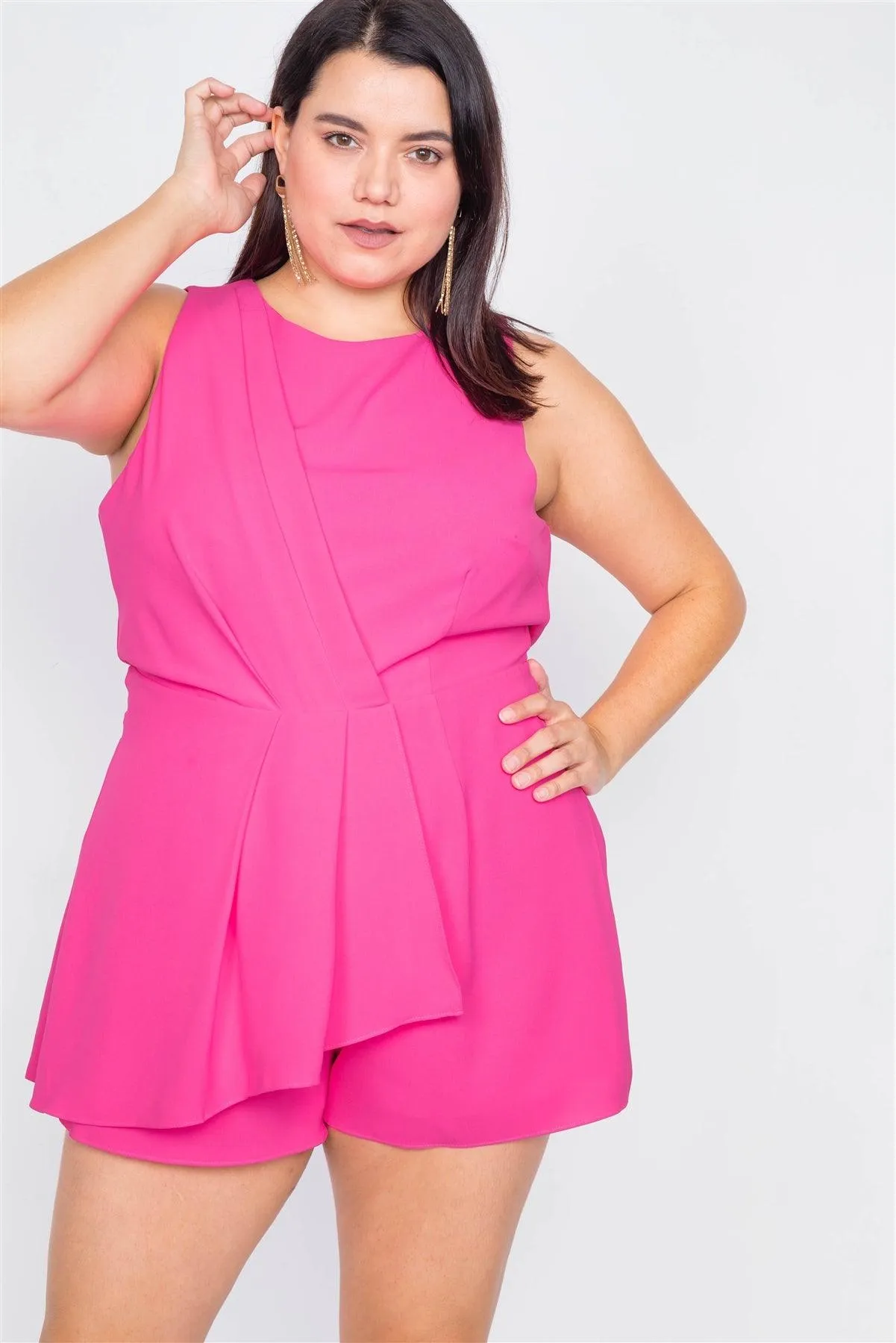 Plus Size Hot Pink Pleated Sleeveless Short Romper