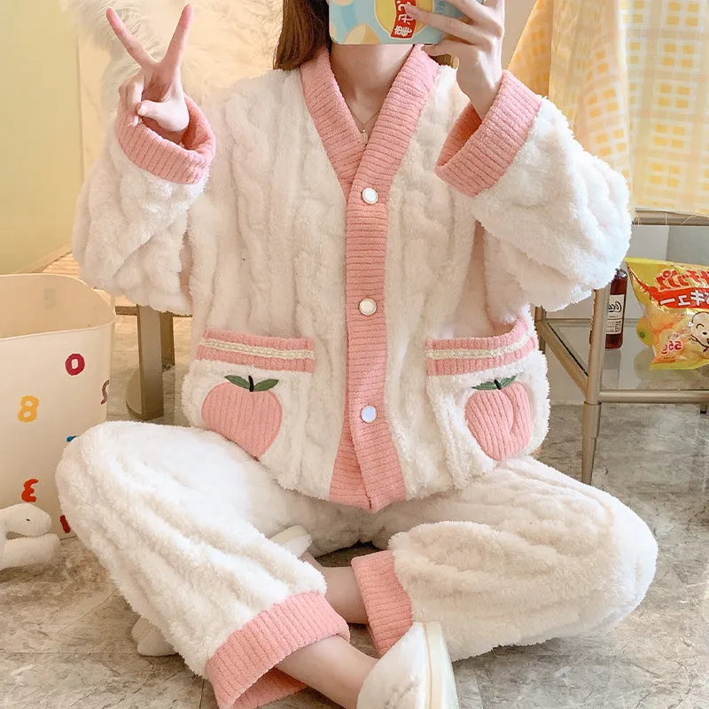 Plush Single Peach Fruit Embroidery Pink White Top Pants Pajamas Set