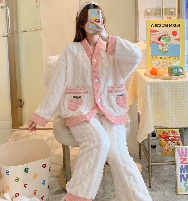 Plush Single Peach Fruit Embroidery Pink White Top Pants Pajamas Set