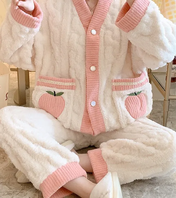 Plush Single Peach Fruit Embroidery Pink White Top Pants Pajamas Set