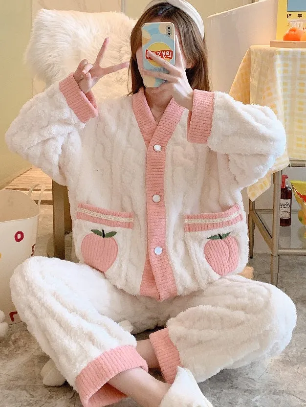 Plush Single Peach Fruit Embroidery Pink White Top Pants Pajamas Set