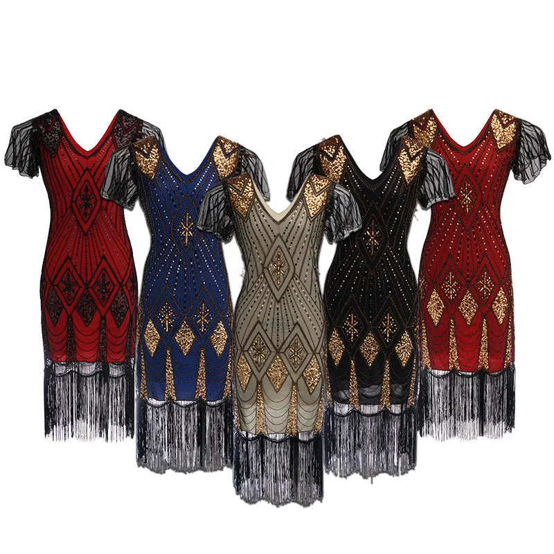 Premium vintage 1920s sequins costume midi dress | Retro tassels dress evening party dress