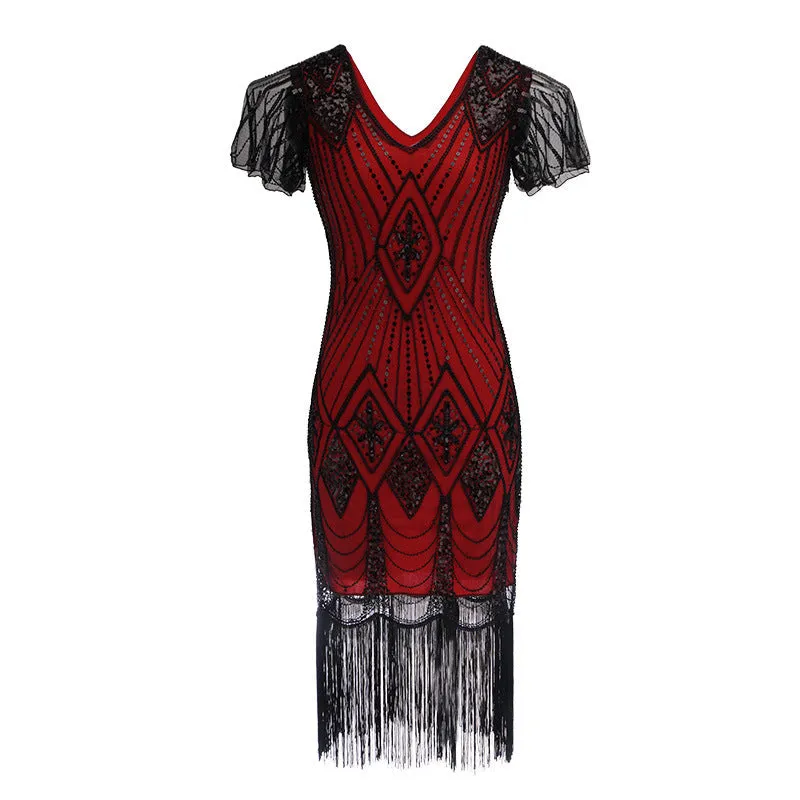 Premium vintage 1920s sequins costume midi dress | Retro tassels dress evening party dress