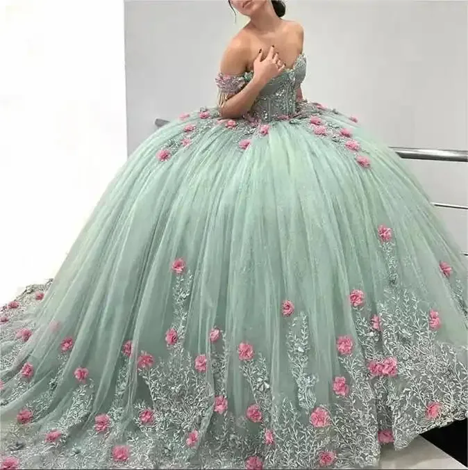 Prom Dresses 3d Flower Applique Prom Dresses Junior Pageant Dresses Sweet 16 Ball Gown      fg4310