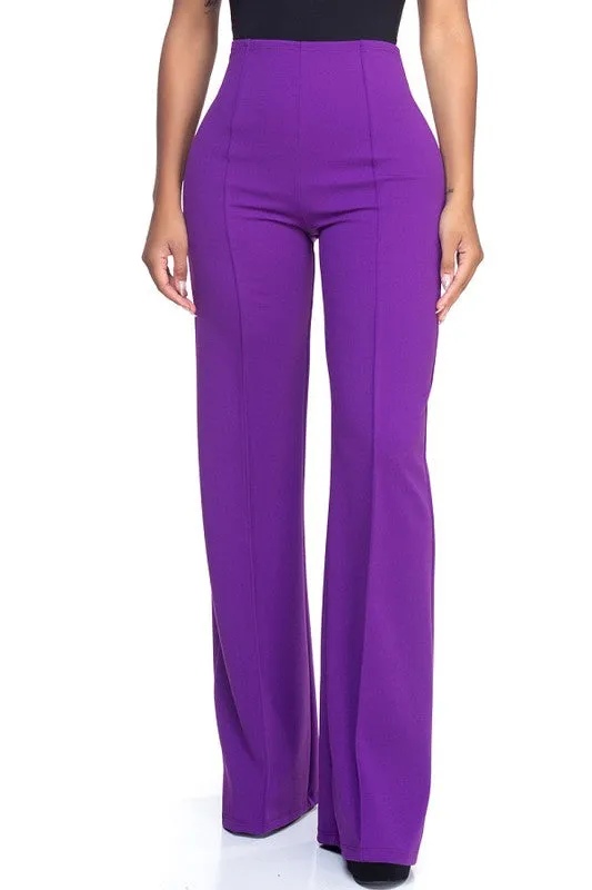 Purple Solid, Full Length Pants In A Flare Style With A High Waist, And Wide Legs