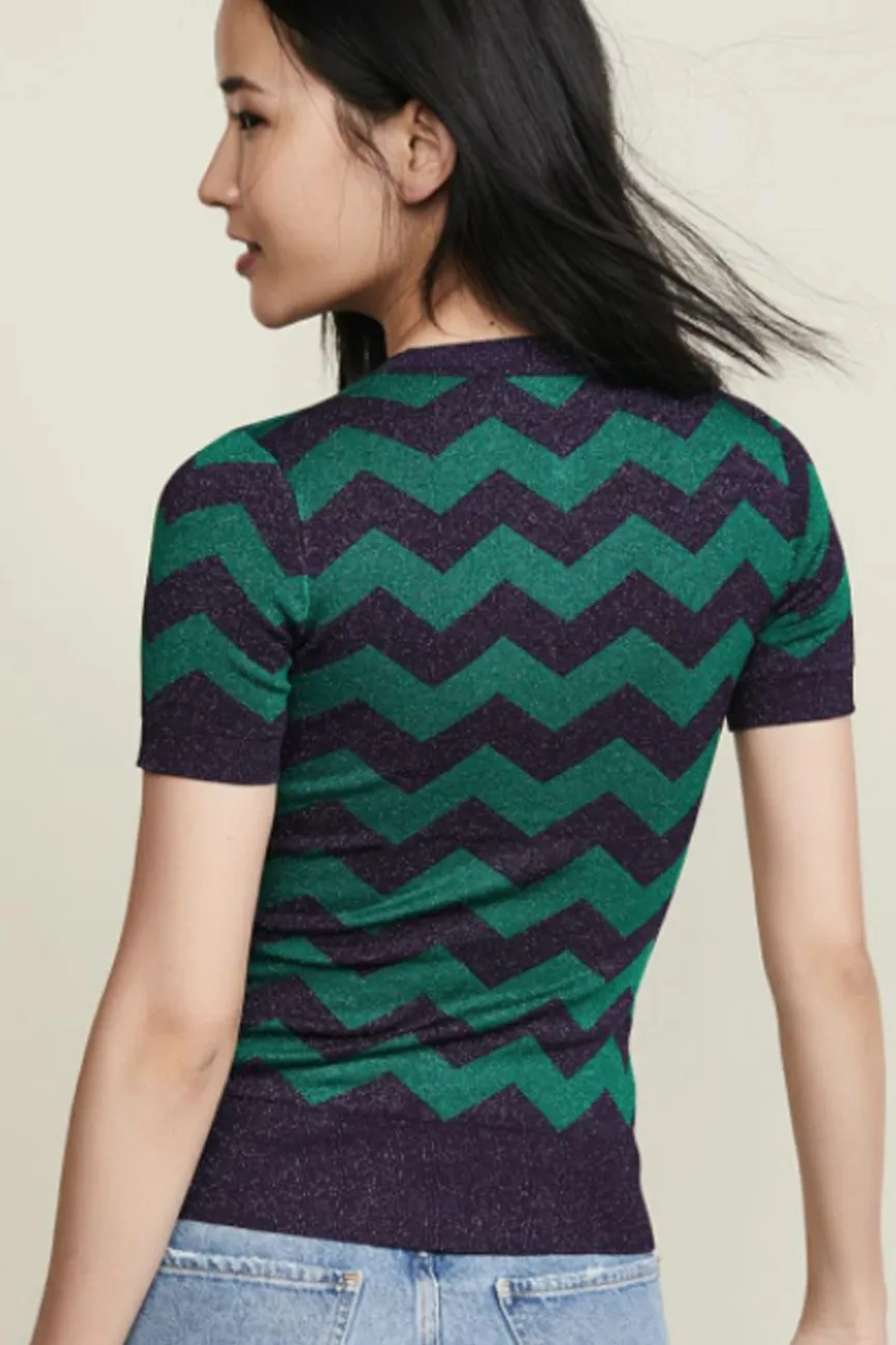 Purple/Emerald Zig Zag Lurex Short Sleeve Crew Neck