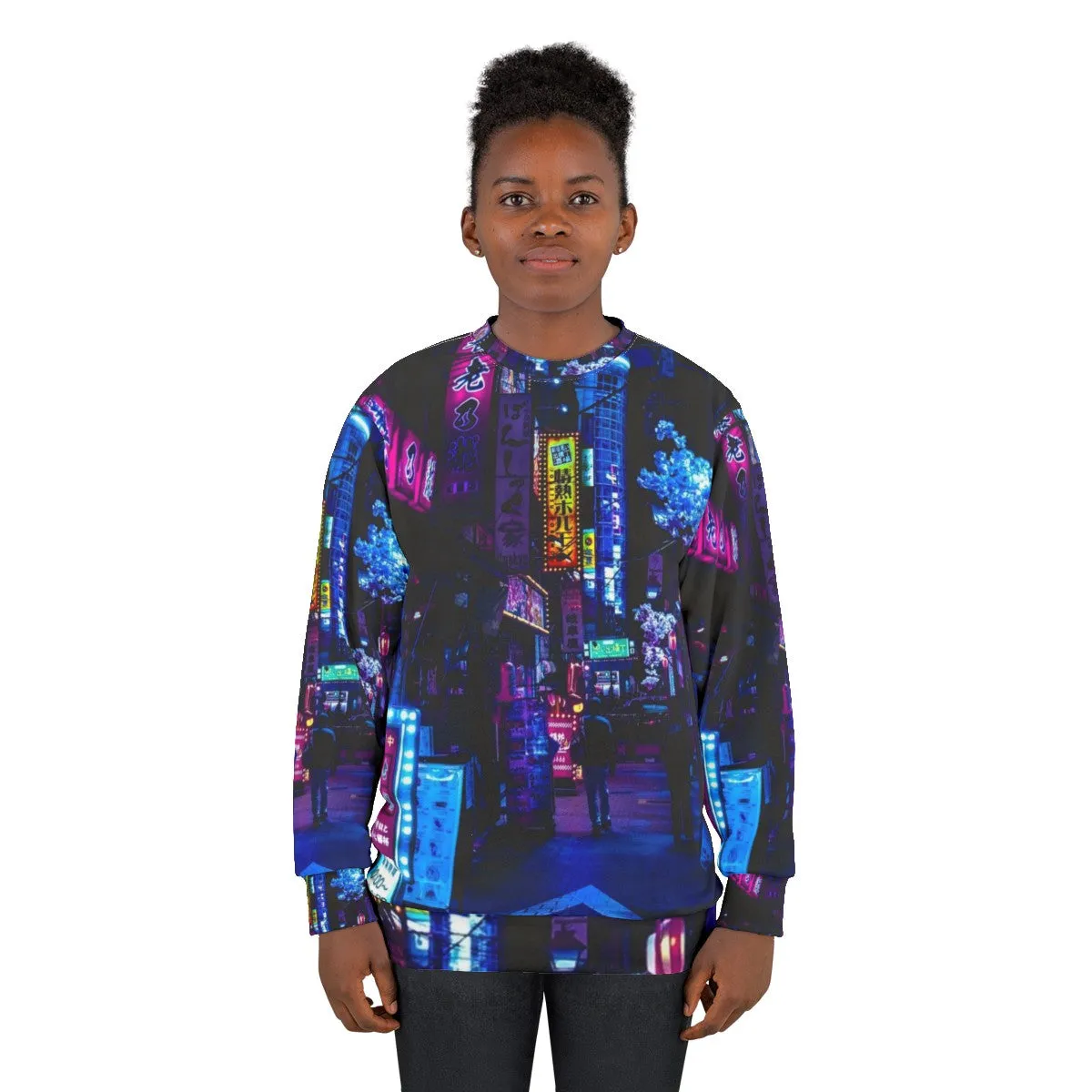 "Blue Tokyo Alley Sweatshirt: Cyberpunk Neon Streetwear"