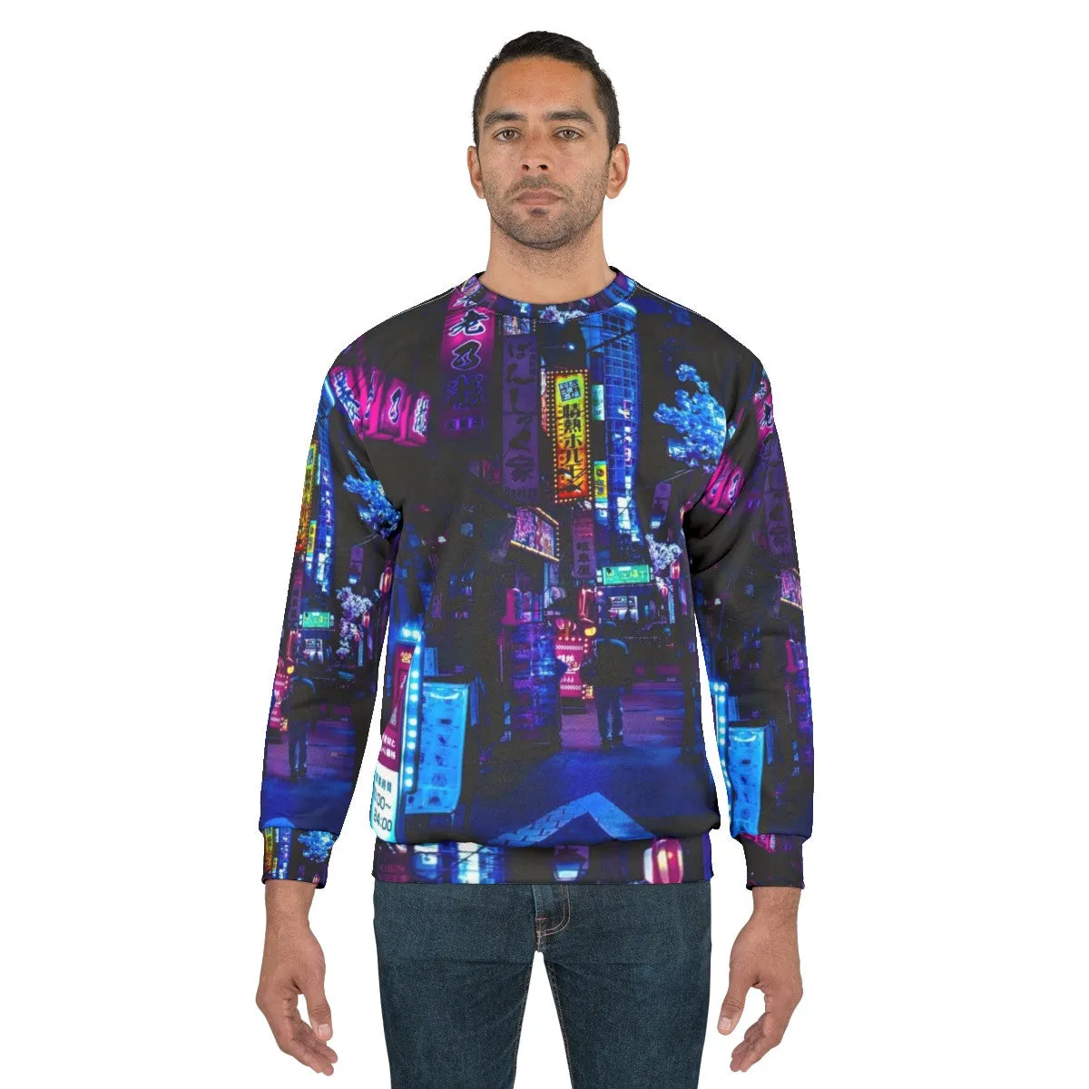 "Blue Tokyo Alley Sweatshirt: Cyberpunk Neon Streetwear"