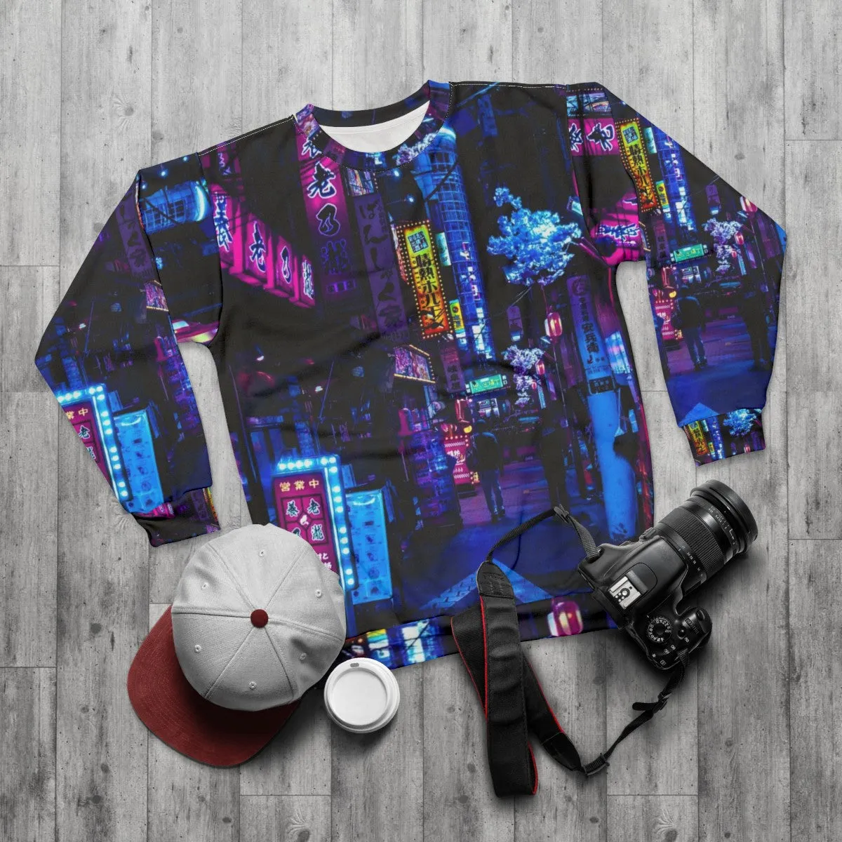 "Blue Tokyo Alley Sweatshirt: Cyberpunk Neon Streetwear"