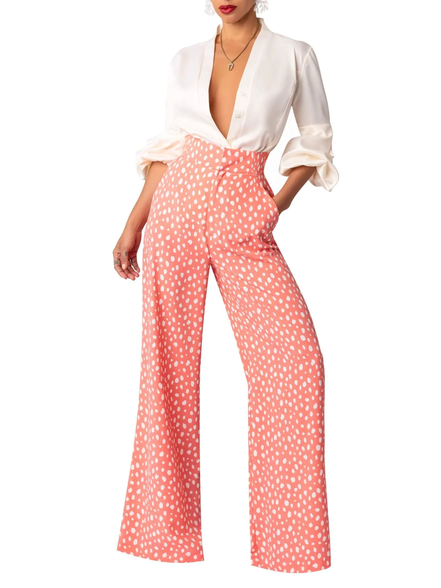 "Coral" Polka Dot High-Waisted Pants