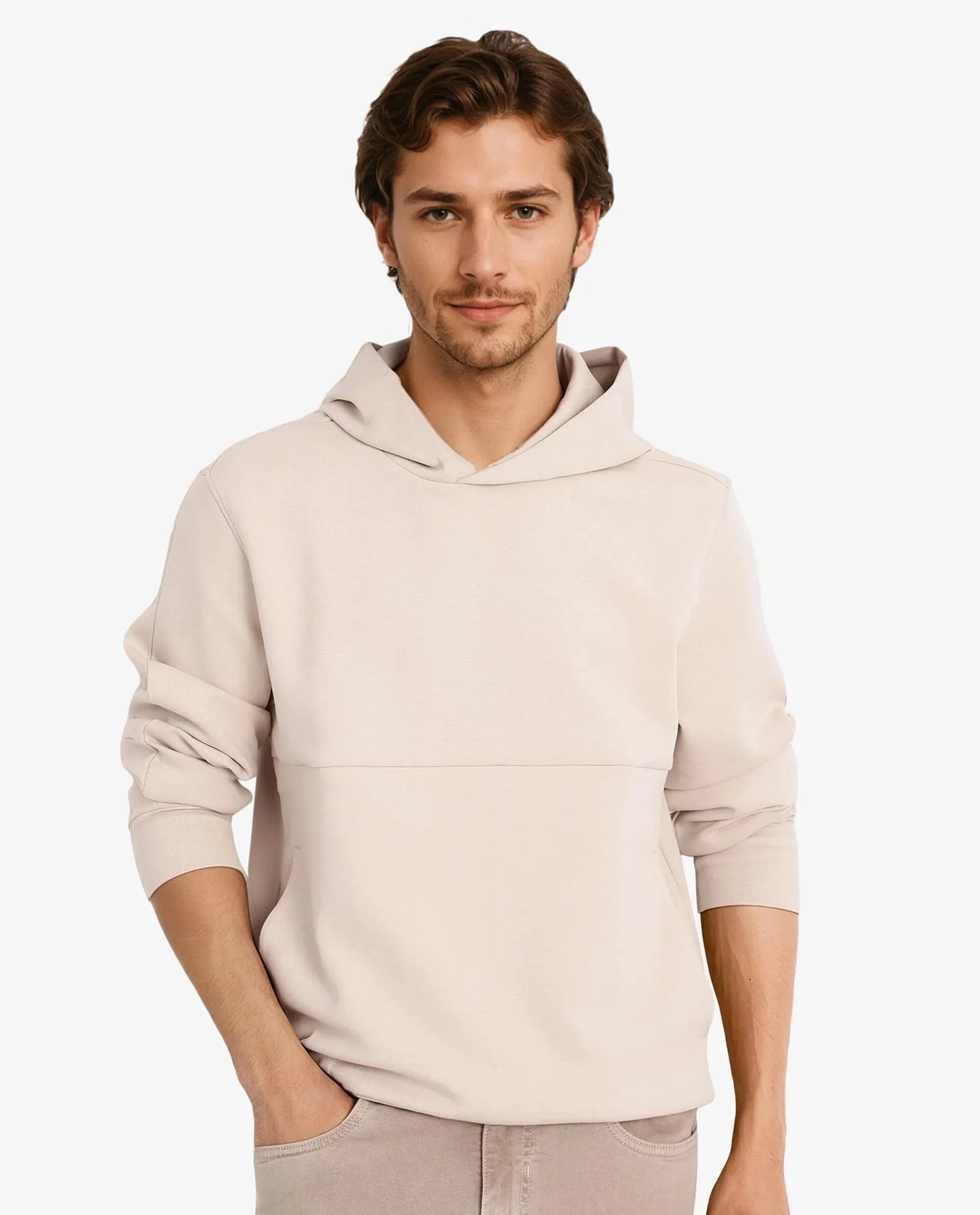 Rare Rabbit Men Scon Light Beige Full Sleeve Hooded Slim Fit Plain Sweatshirt